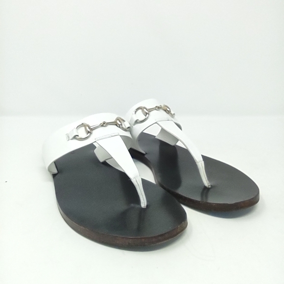 Gucci 37 Marcy horse bit thong sandals white leather flip flops flats - Picture 1 of 12